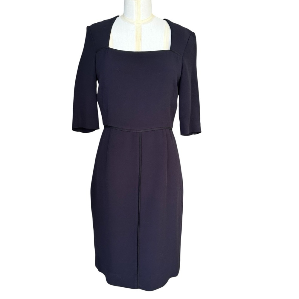 L. K. Bennett Square Neck Midi Dress Short Sleeve Navy Blue Sheath Size 6